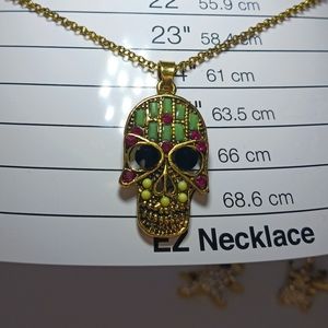 Pastel Skull Head - Gold Tone with Black Crystal Eyes and Pink Green Rhinestone